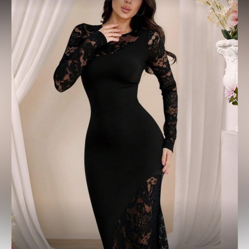 Elegant Black Lace Long Sleeve Dress - Picture 3 of 10